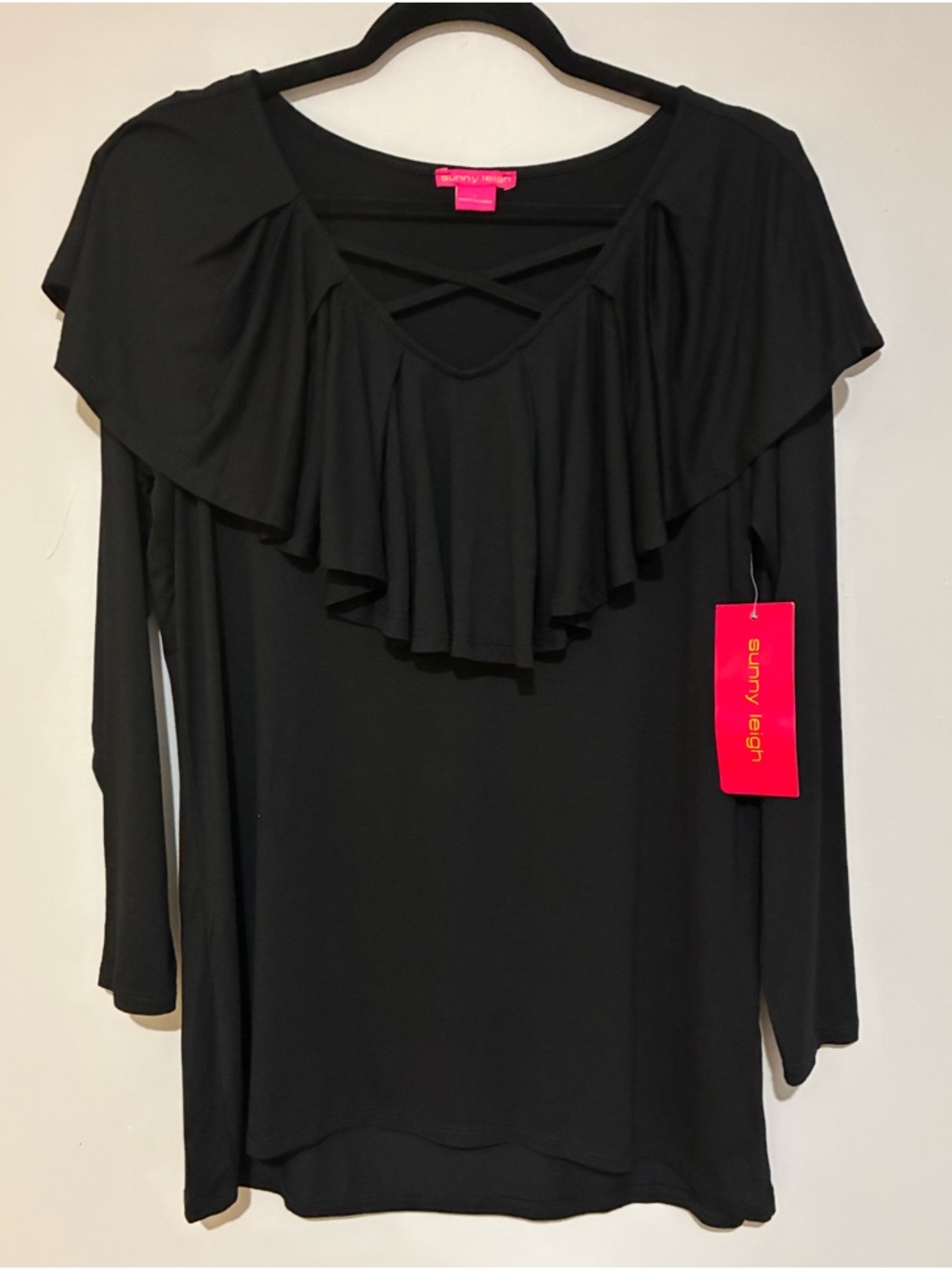 Sunny Leigh Black Ruffle-Front Long Sleeve Top